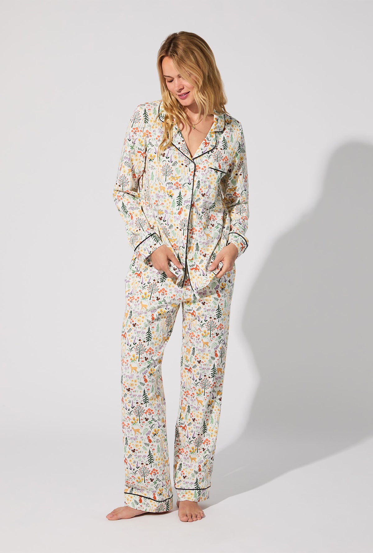 A lady wearing Forest Trails Long Sleeve Classic Stretch Jersey PJ Set