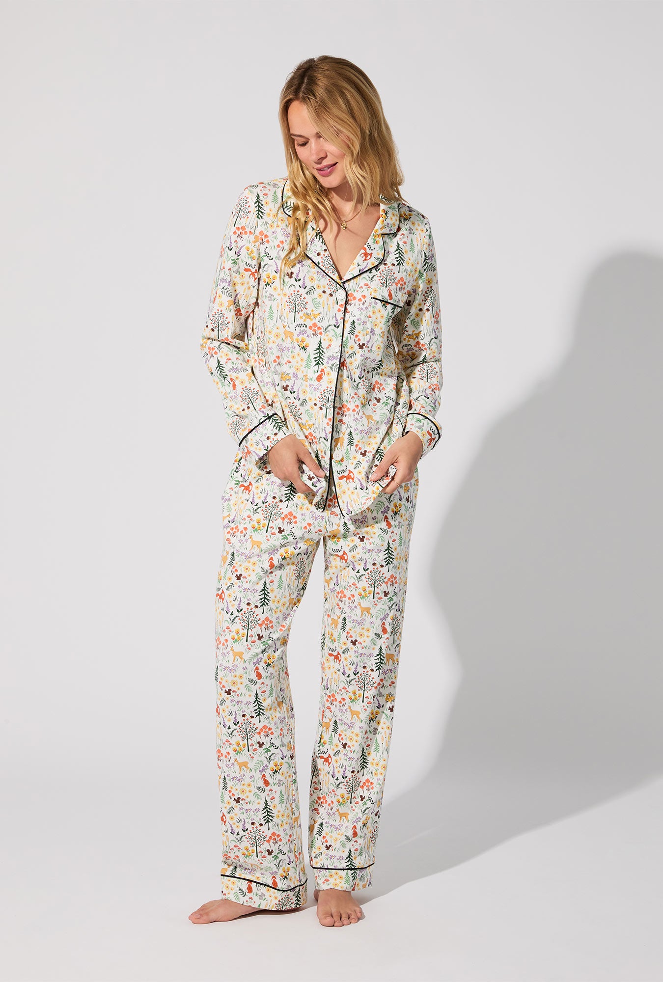A lady wearing Forest Trails Long Sleeve Classic Stretch Jersey PJ Set