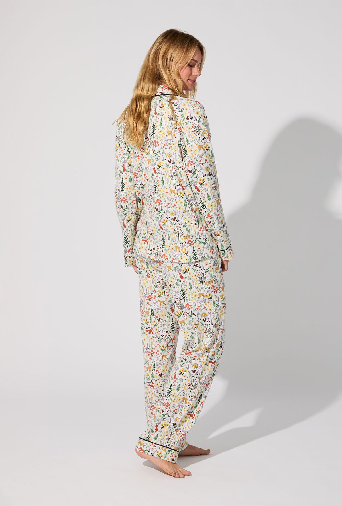 A lady wearing Forest Trails Long Sleeve Classic Stretch Jersey PJ Set
