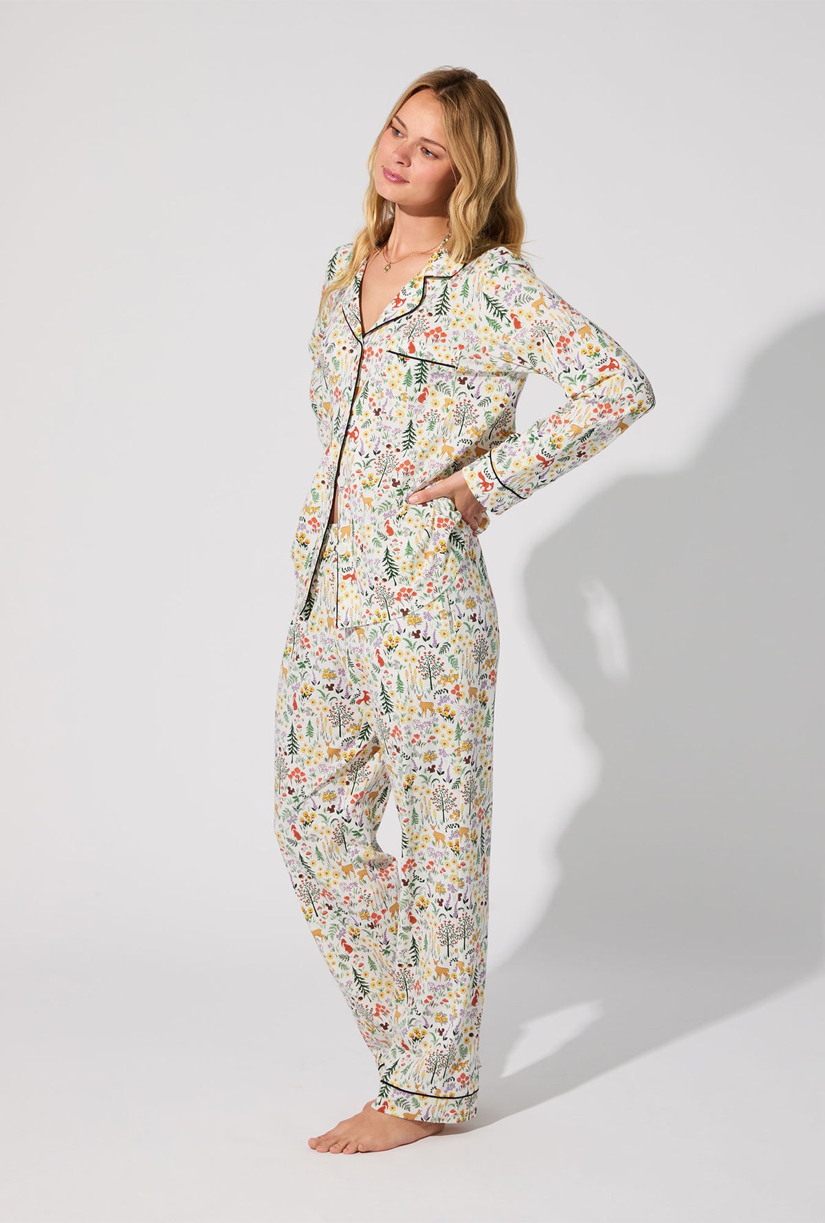 A lady wearing Forest Trails Long Sleeve Classic Stretch Jersey PJ Set