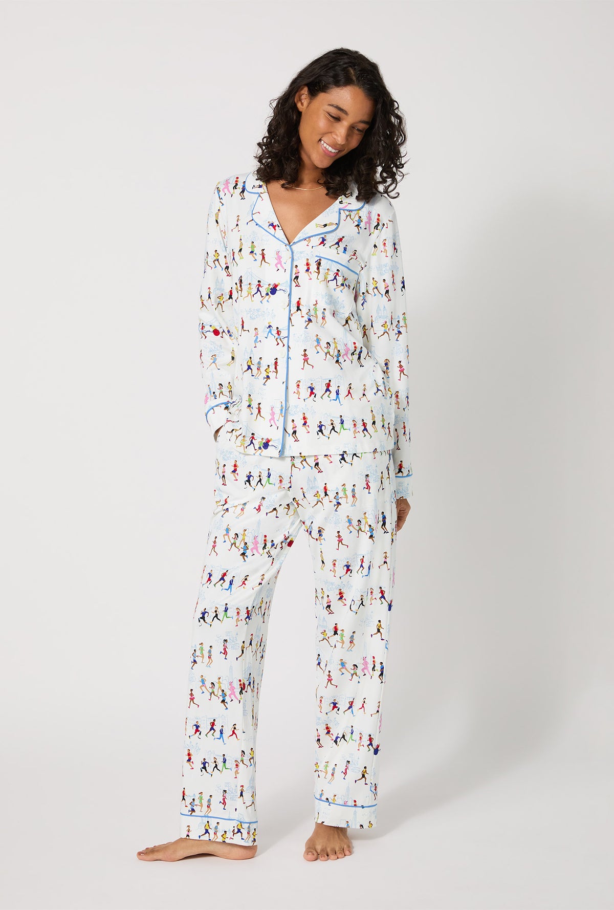 A lady wearing Run NYC Run Long Sleeve Classic Stretch Jersey Pj Set