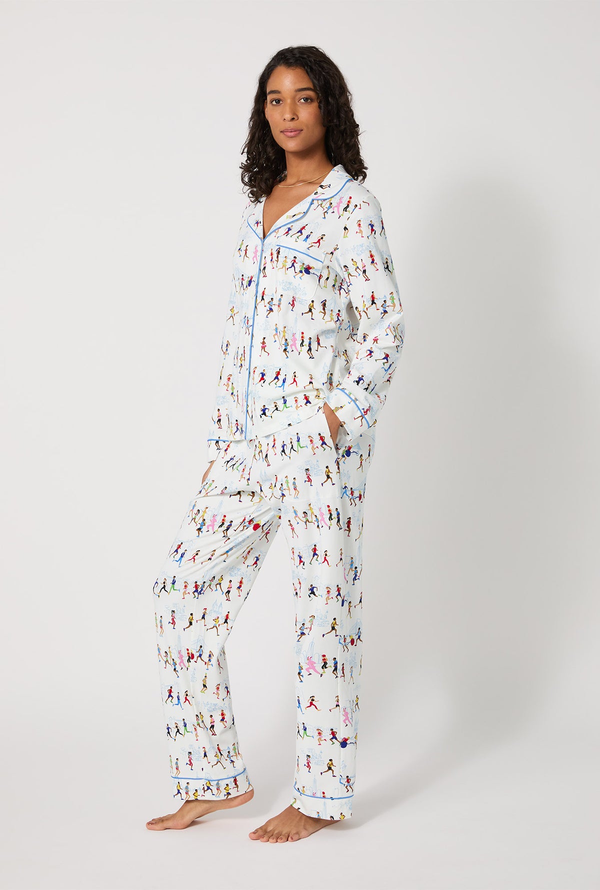 A lady wearing Run NYC Run Long Sleeve Classic Stretch Jersey Pj Set
