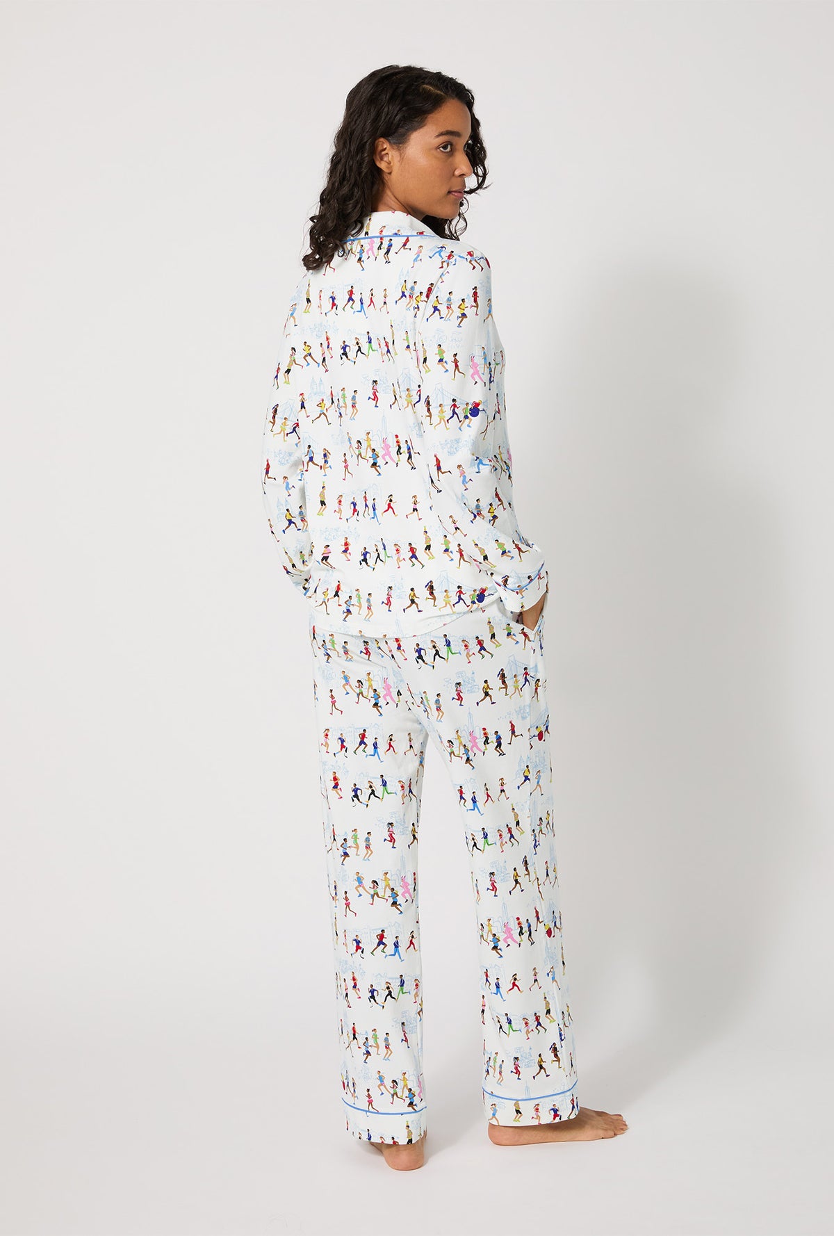 A lady wearing Run NYC Run Long Sleeve Classic Stretch Jersey Pj Set