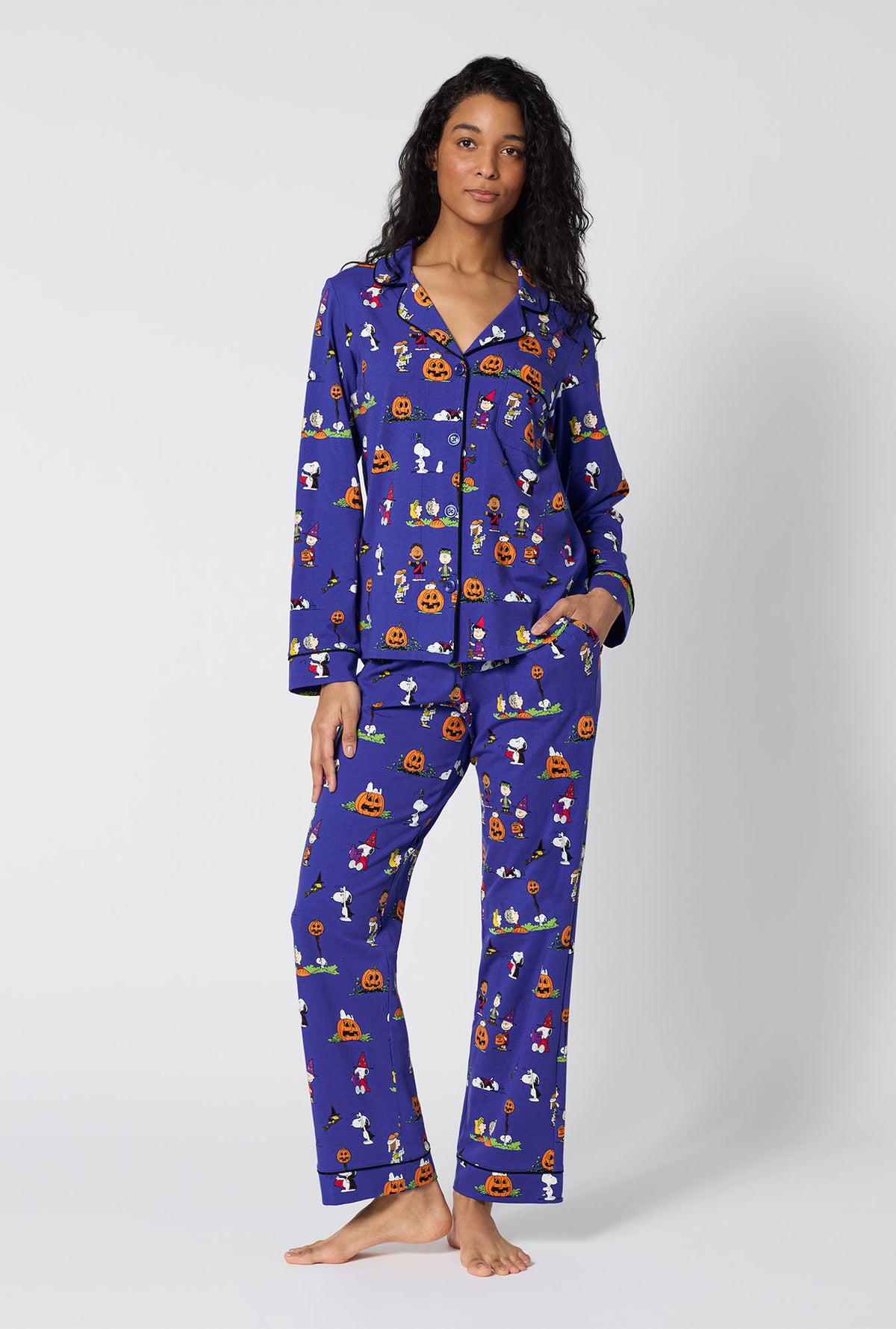 A Lady Wearing Spooky Season Snoopy Long Sleeve Classic Stretch Jersey Pj Set