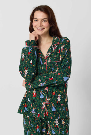 A lady wearing Rifle Paper Co. x BedHead PJs Nutcracker Long Sleeve Classic Stretch Jersey Pj Set closer look