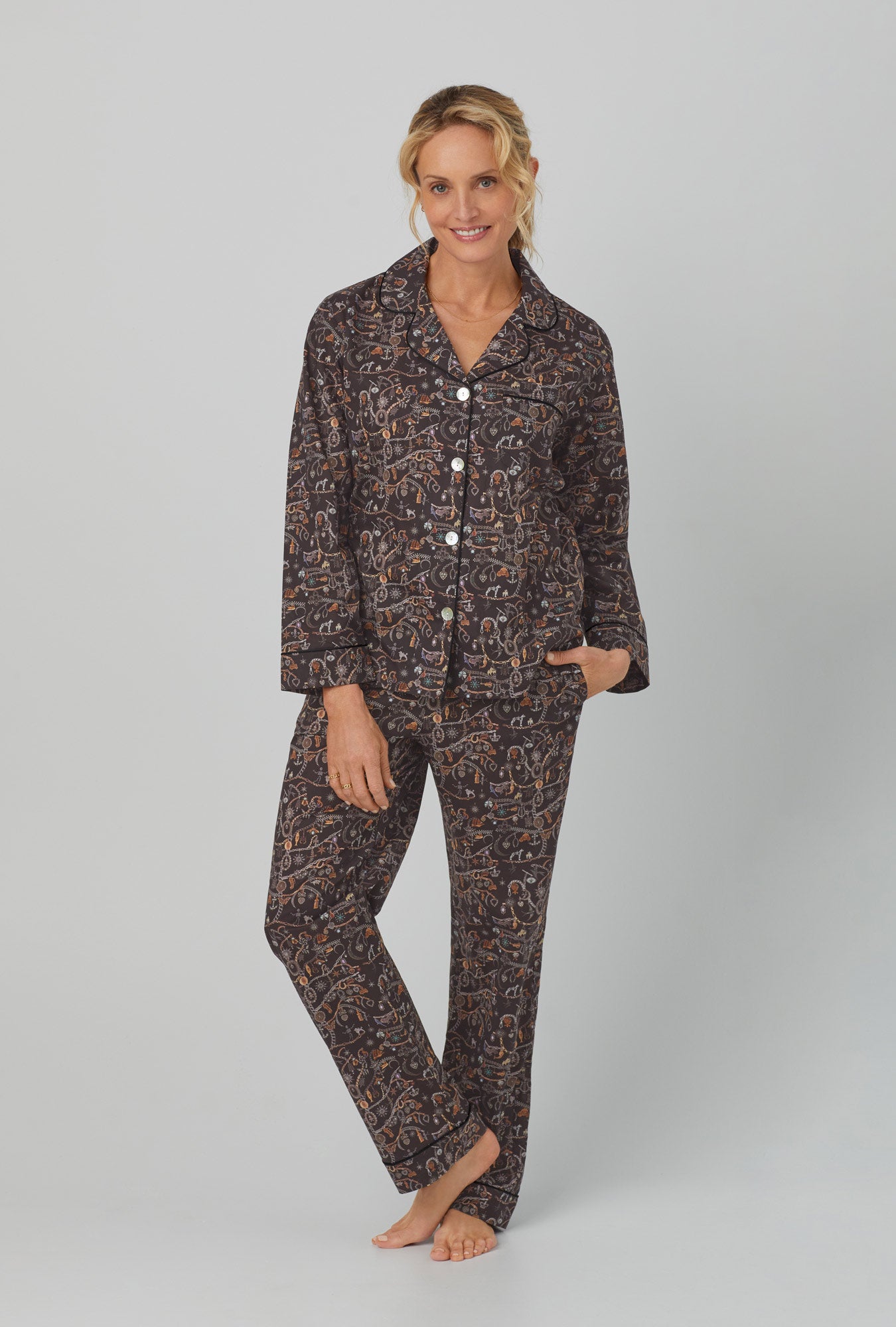 A lady wearing Long Sleeve Classic Woven Cotton Tana Lawn® PJ Set Made with Liberty Fabrics with Forever Heirloom print