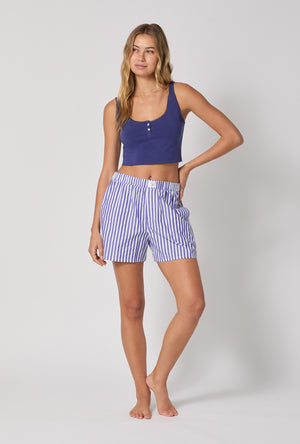 A lady wearing Navy 3D Stripe Cotton Sateen Boxer Short
