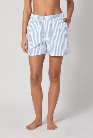 A lady wearing Blue 3D Stripe Cotton Sateen Boxer Short