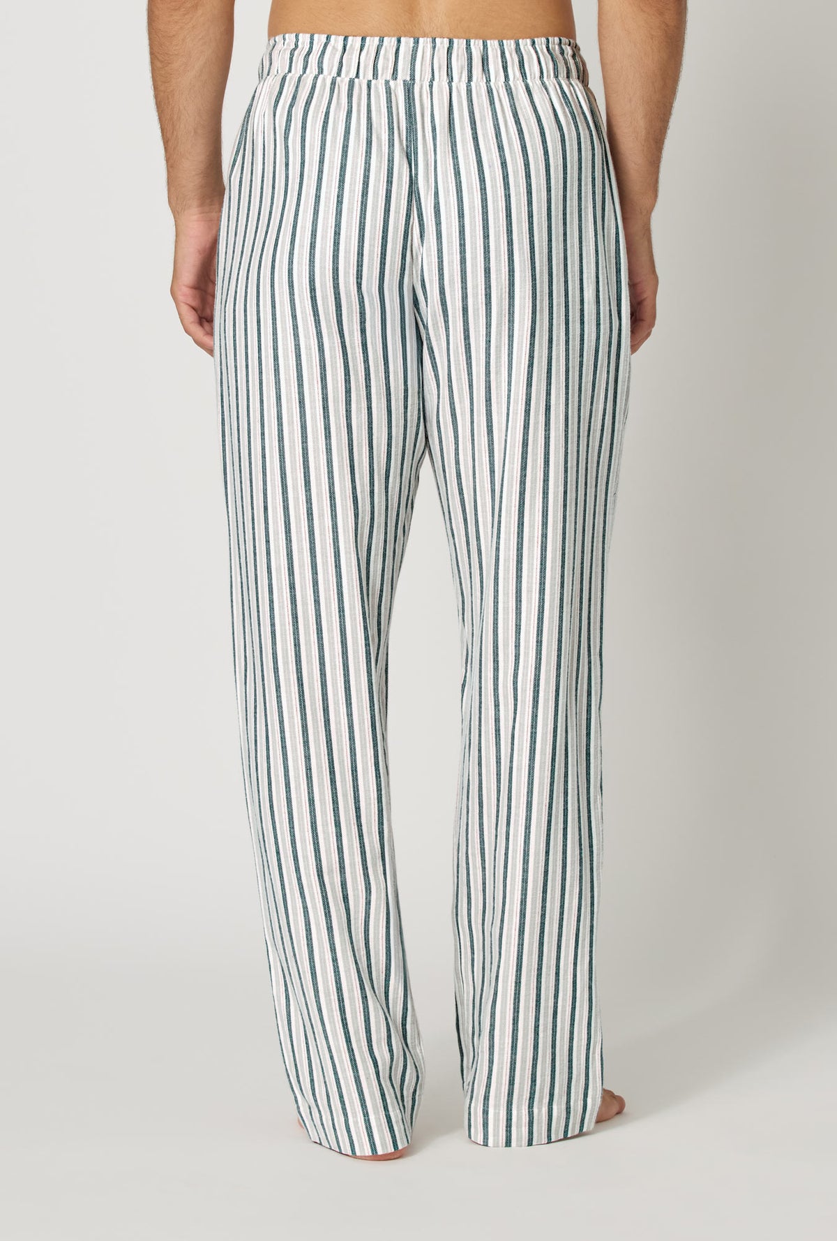 A man wearing Peppermint Stripe Men's Woven Portuguese Flannel Pj Pant back view