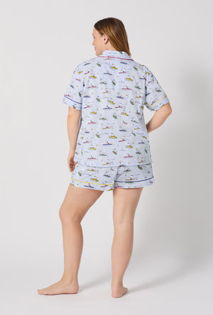 A lady wearing plus size Catch A Wave, Snoopy Short Sleeve Classic Woven Cotton Poplin Shorty Pj Set back view