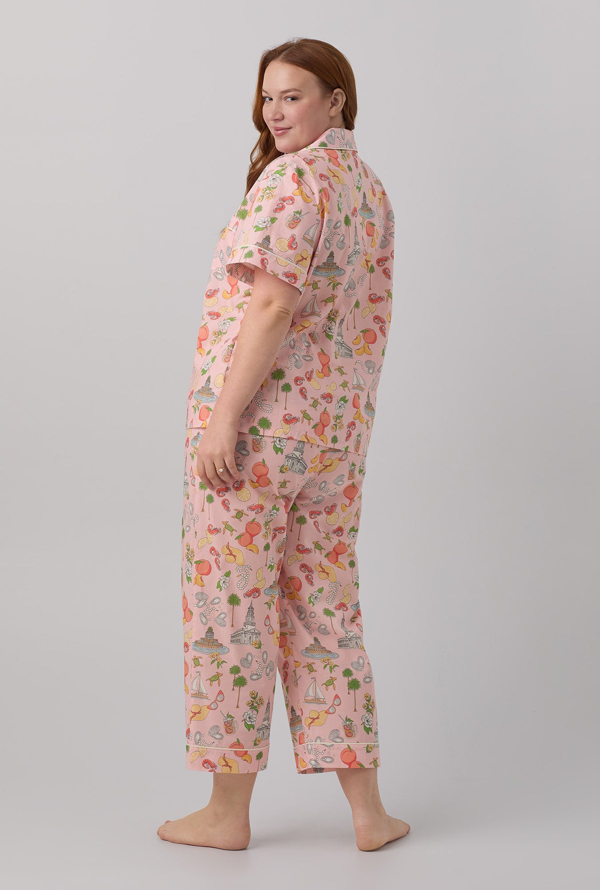 A lady wearing Short Sleeve Classic Shorty Stretch Jersey plus size PJ Set with Let&#39;s Do Brunch print