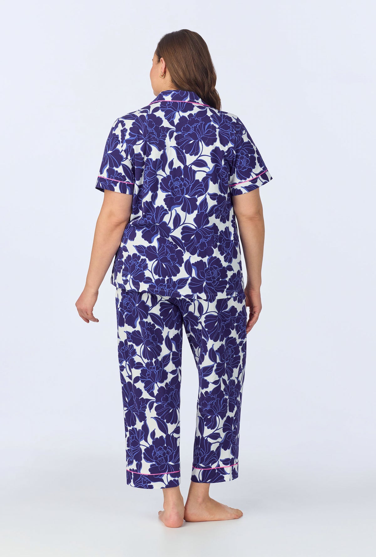 A lady wearing Isabella Flora Short Sleeve Classic Stretch Jersey Cropped PJ Set