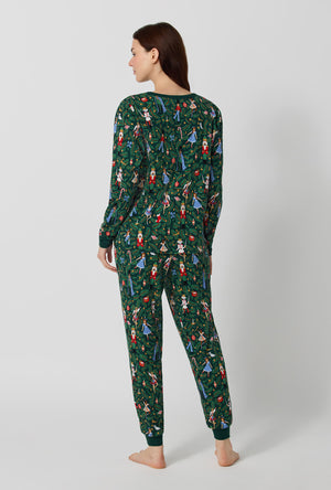 A lady wearing Rifle Paper Co. x BedHead PJs Nutcracker Long Sleeve Pullover Crew And Jogger Stretch Jersey Pj Set back view