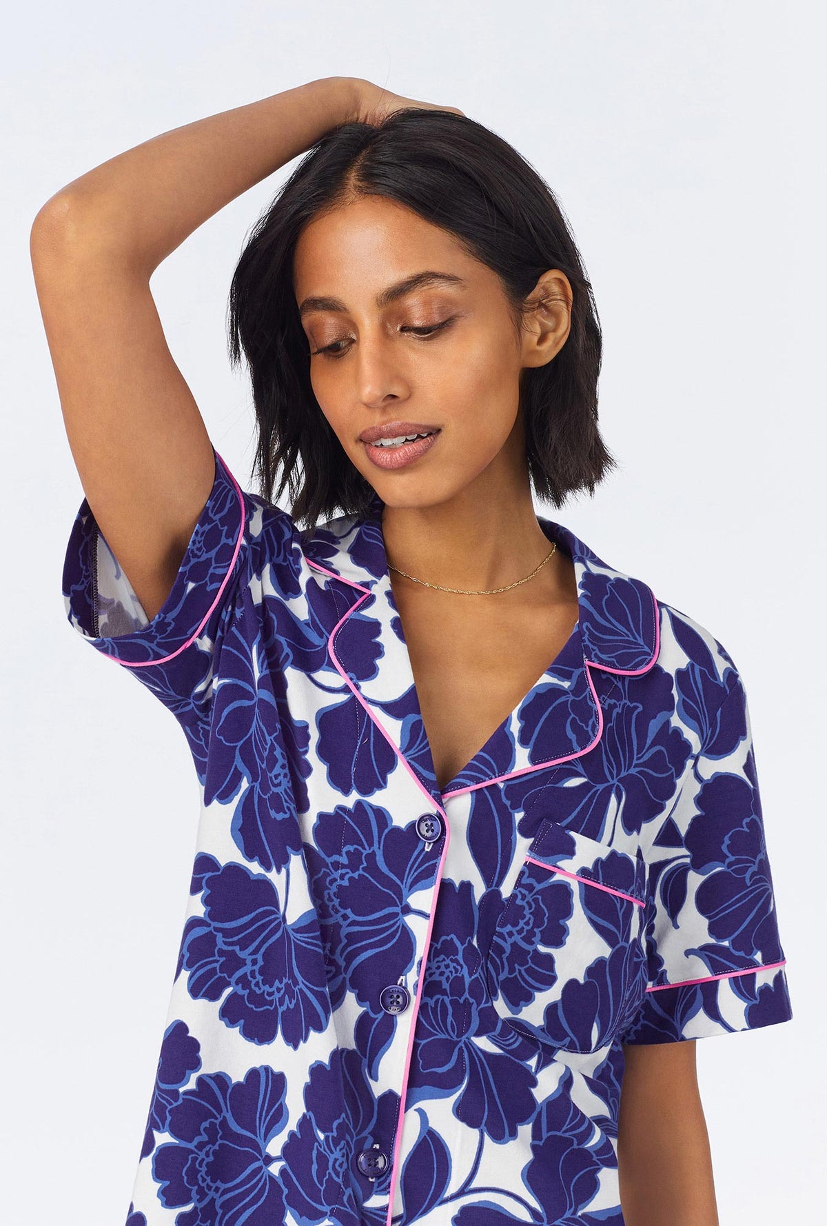 A lady wearing Isabella Flora Short Sleeve Classic Shorty Stretch Jersey PJ Set