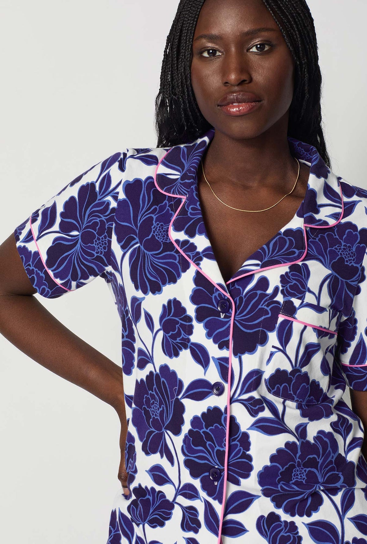 A closeup of A lady wearing Blue and  White Short Sleeve Classic Shorty Stretch Jersey Pj Set
