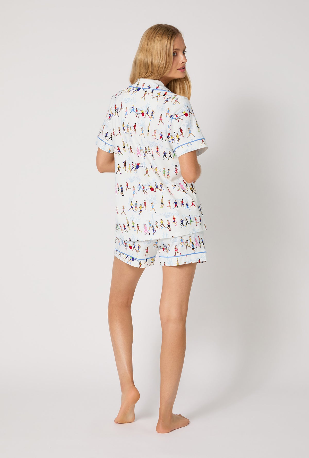 A lady wearing Run NYC Run Short Sleeve Classic Shorty Stretch Jersey Pj Set