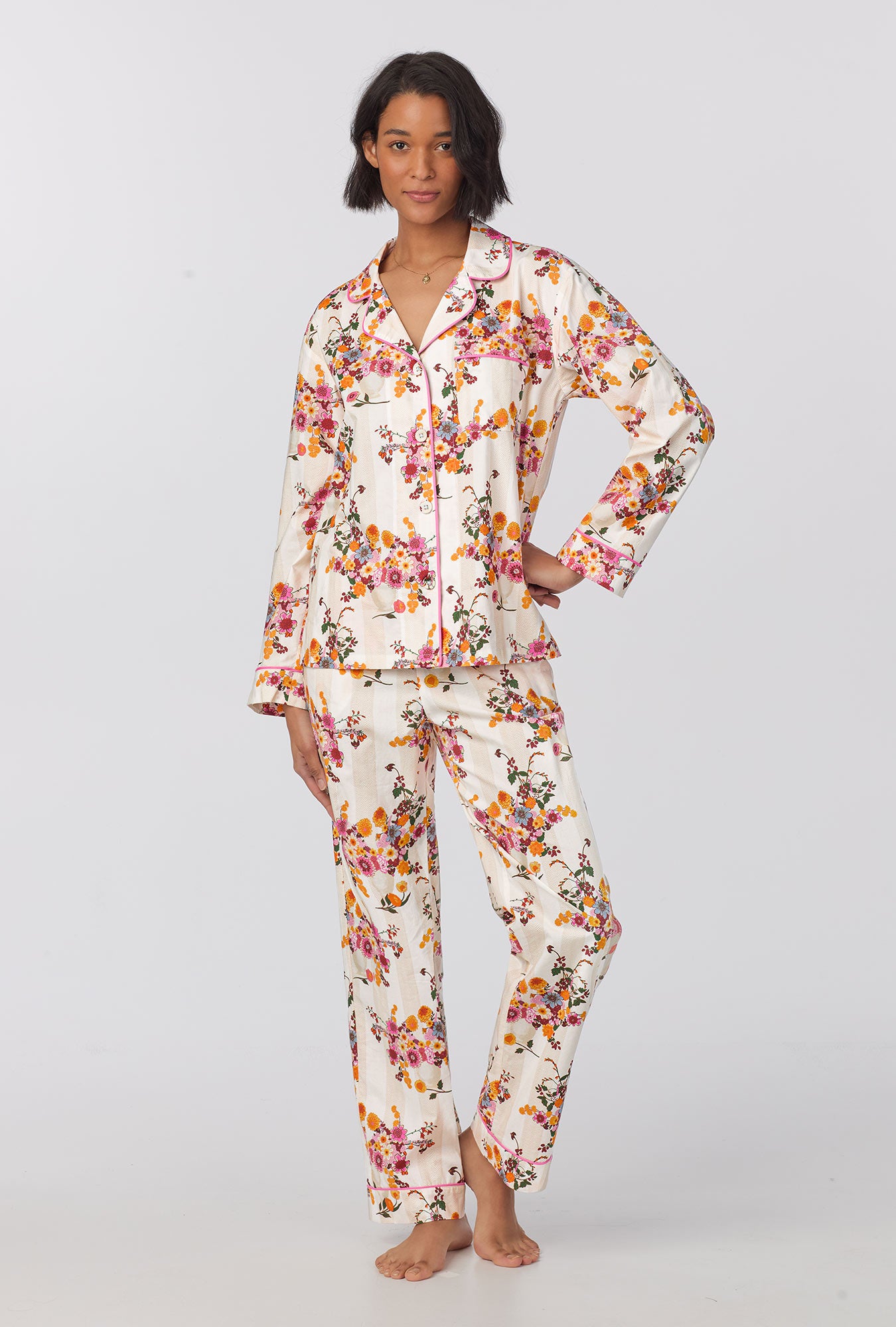 A lady wearing long Sleeve Woven Cotton Poplin PJ Set with  Chalet Floral print