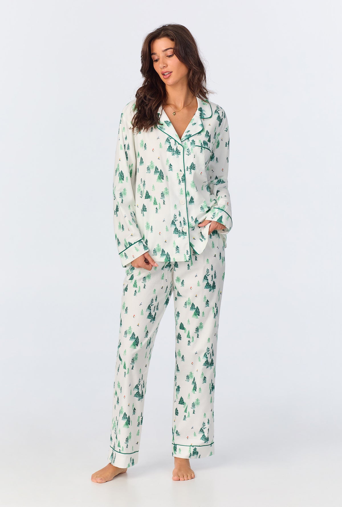 A lady wearing Hit the Slopes Long Sleeve Classic Woven Portuguese Flannel PJ Set