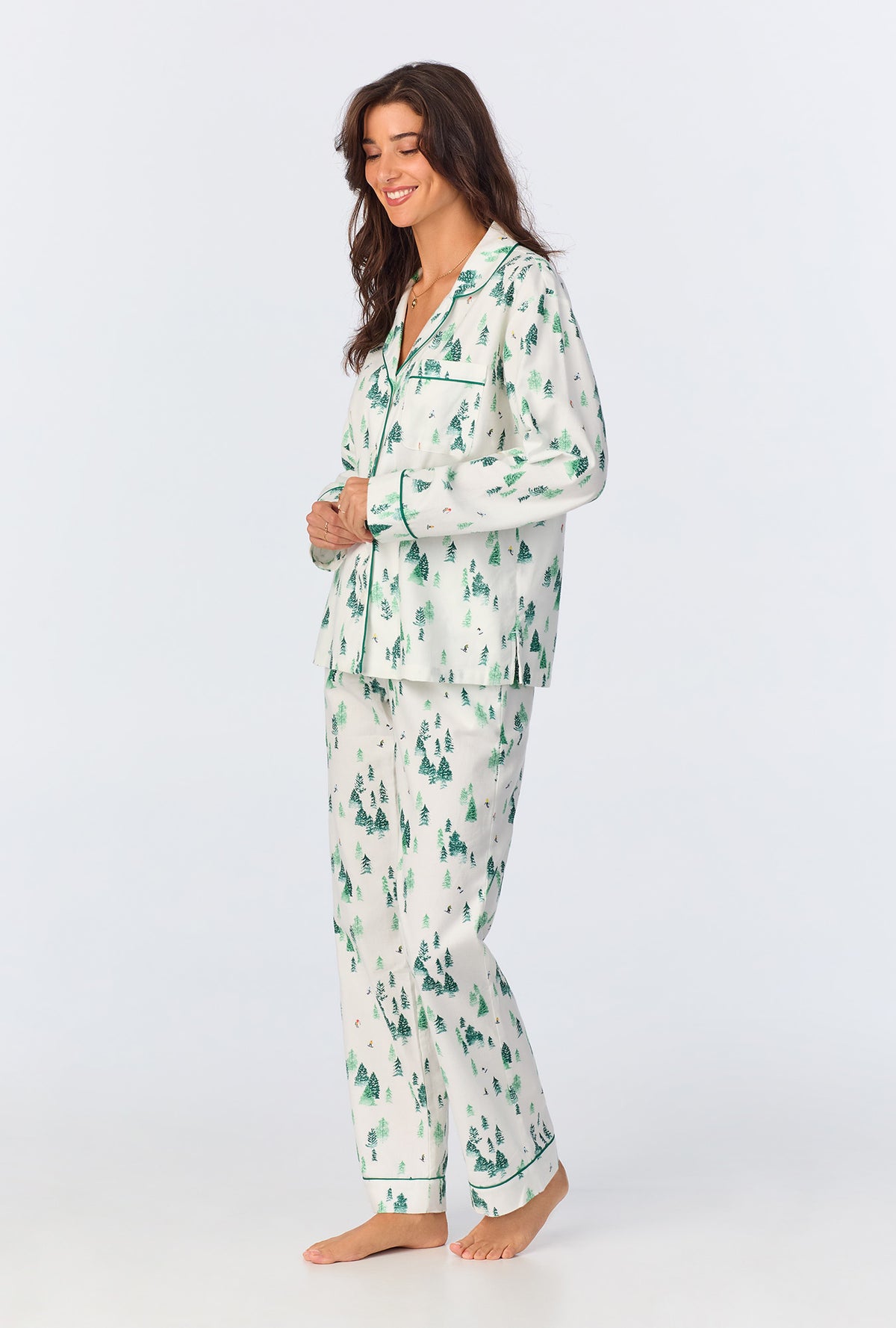 A lady wearing Hit the Slopes Long Sleeve Classic Woven Portuguese Flannel PJ Set