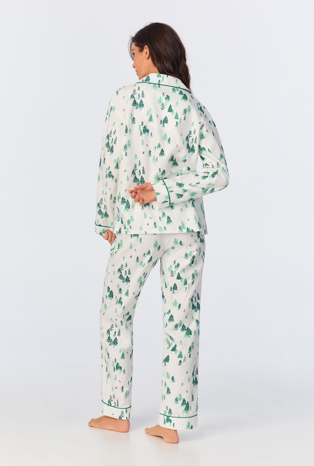 A lady wearing Hit the Slopes Long Sleeve Classic Woven Portuguese Flannel PJ Set