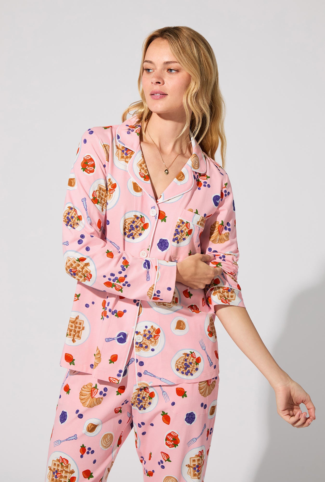 A lady wearing Waffle Brunch Long Sleeve Classic Stretch Jersey PJ Set