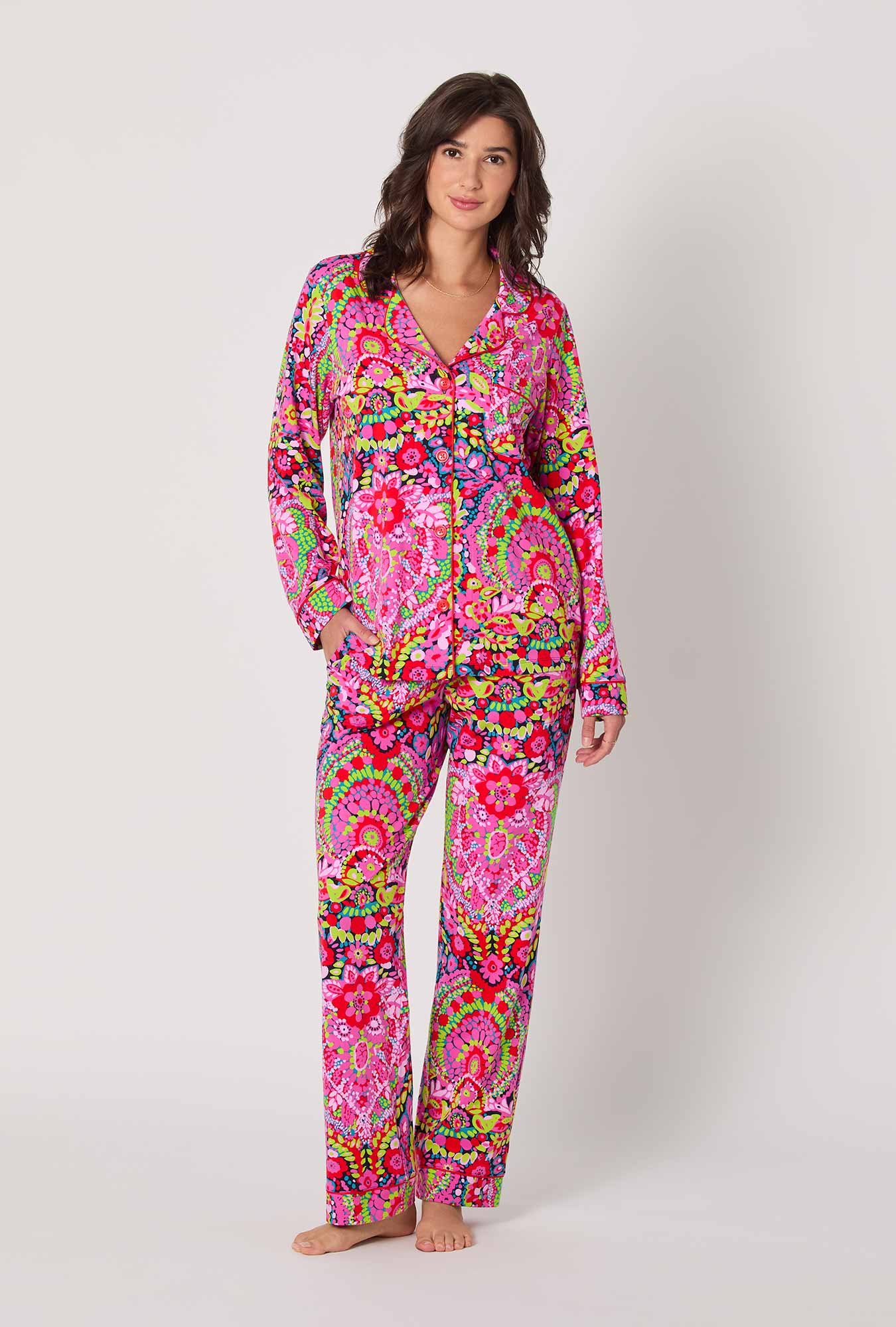 A lady wearing BedHead x Trina Turk Las Flores Long Sleeve Classic Stretch Jersey Pj Set
