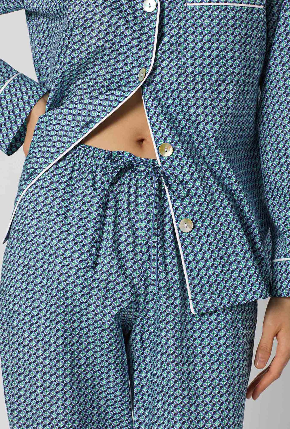 A lady wearing Sebastian Long Sleeve Classic Woven Tana Lawn® Pj Set Made With Liberty Fabrics closer look at waist