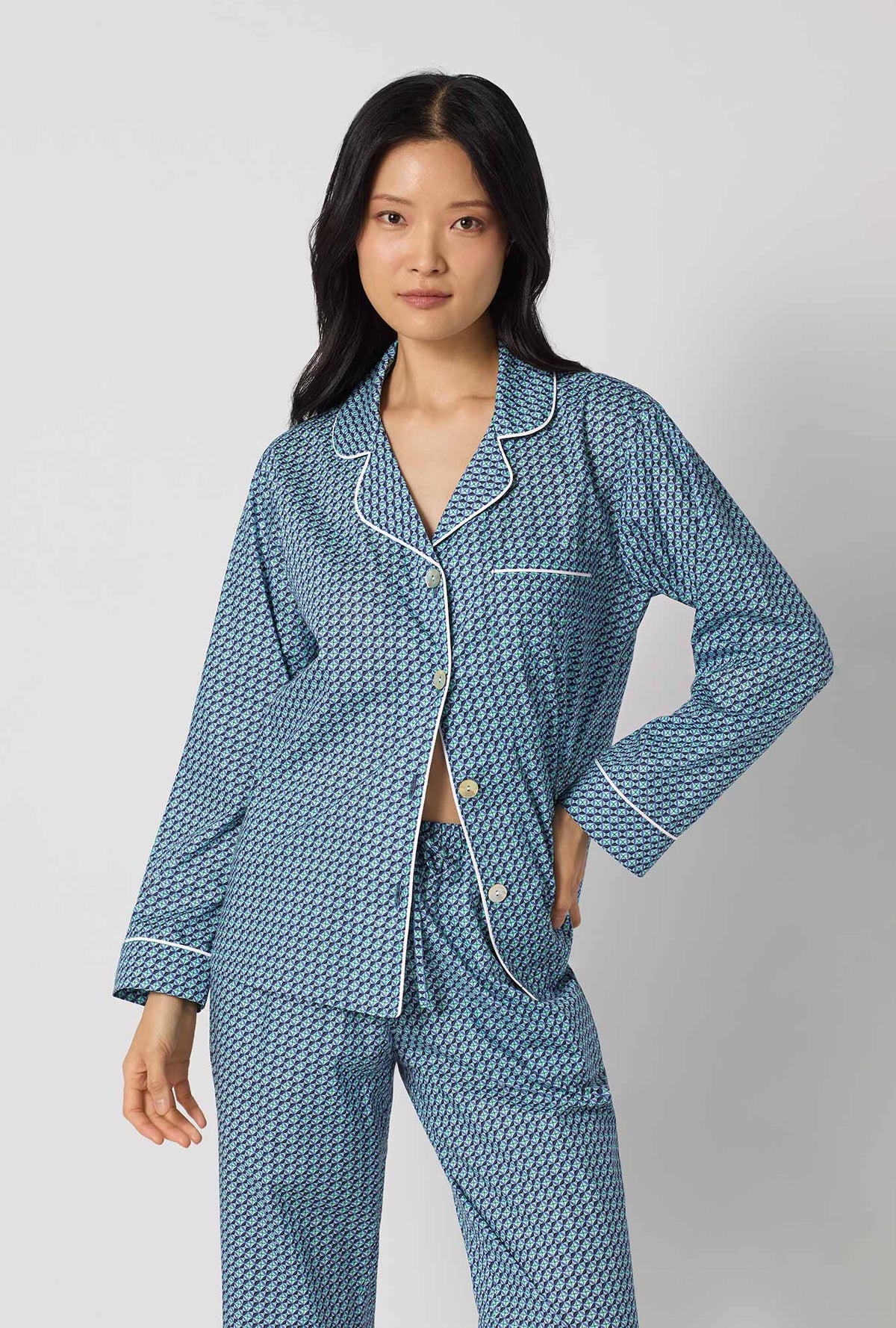 A lady wearing Sebastian Long Sleeve Classic Woven Tana Lawn® Pj Set Made With Liberty Fabrics