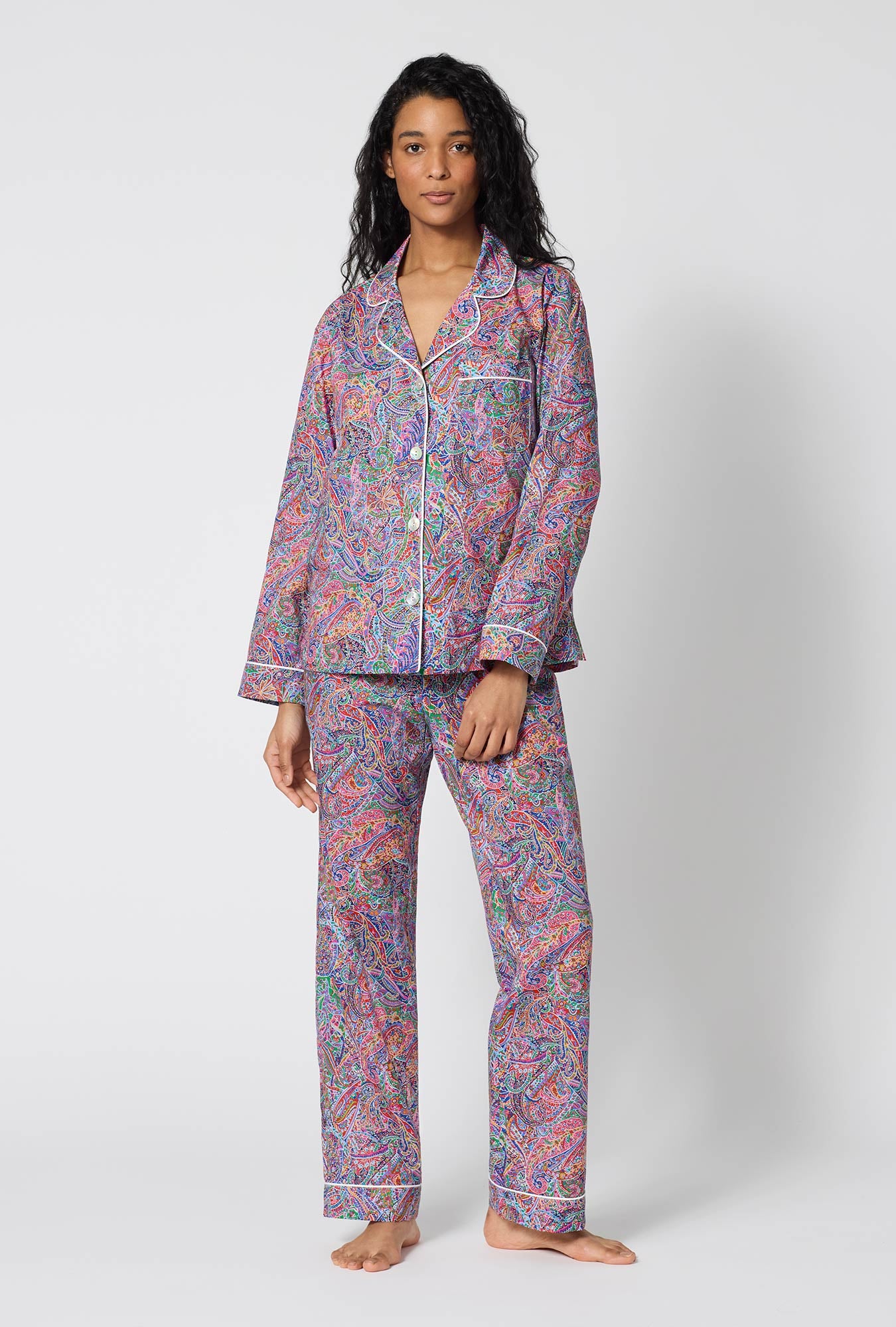 A Lady Wearing Dana Sharmin Long Sleeve Classic Woven Tana Lawn® Pj Set Made With Liberty Fabrics