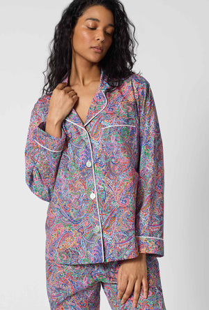 A Lady Wearing Dana Sharmin Long Sleeve Classic Woven Tana Lawn® Pj Set Made With Liberty Fabrics in a front close up shot