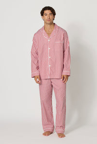 A man wearing Red Signature Stripe Men's Long Sleeve Classic Woven Cotton Sateen Pj Set