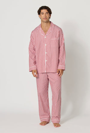A man wearing Red Signature Stripe Men's Long Sleeve Classic Woven Cotton Sateen Pj Set