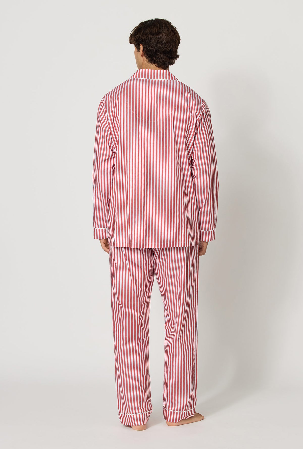 A man wearing Red Signature Stripe Men's Long Sleeve Classic Woven Cotton Sateen Pj Set back view
