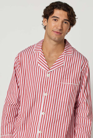 A man wearing Red Signature Stripe Men's Long Sleeve Classic Woven Cotton Sateen Pj Set closer look