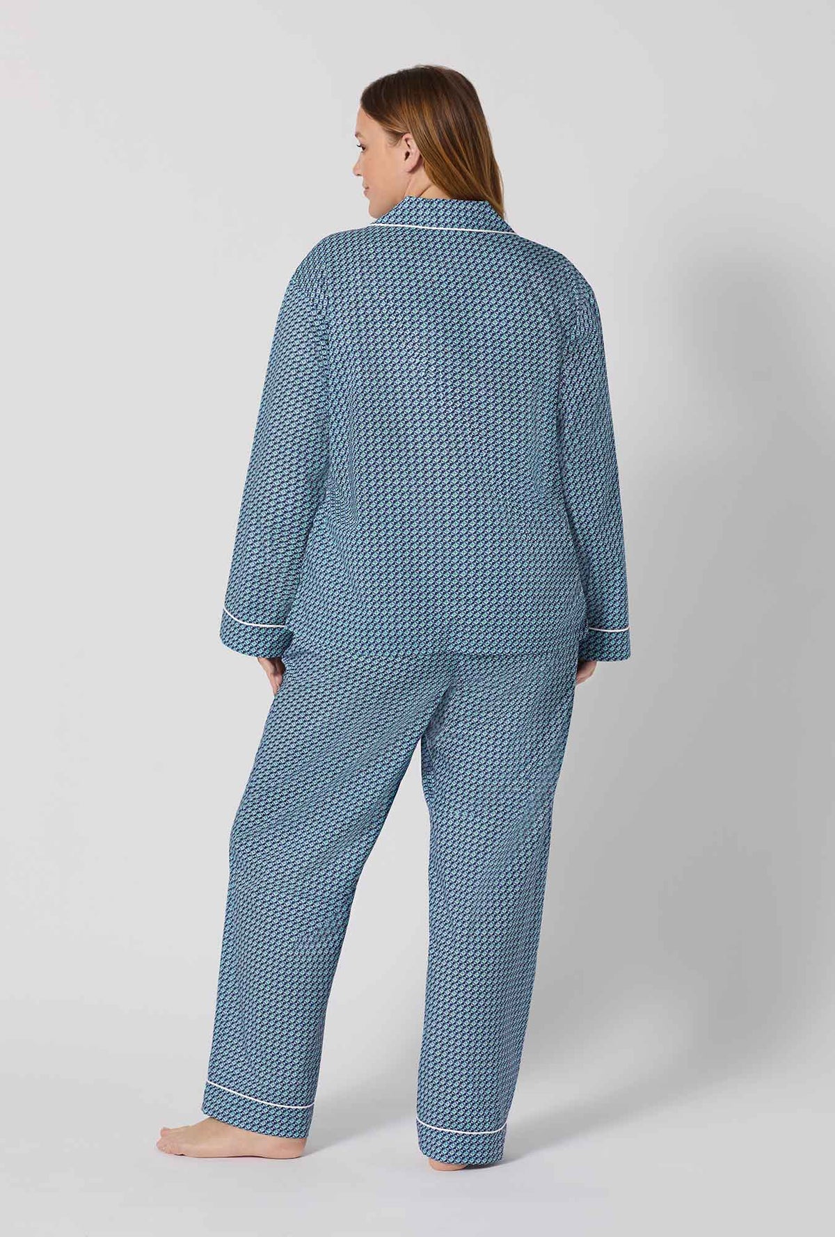 A lady wearing plus size Sebastian Long Sleeve Classic Woven Tana Lawn® Pj Set Made With Liberty Fabrics back view