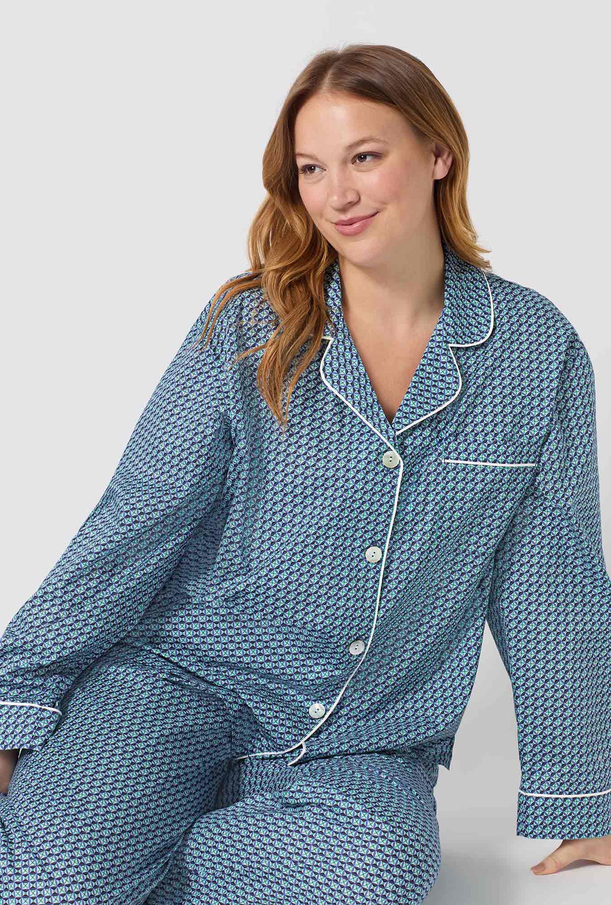 A lady wearing plus size Sebastian Long Sleeve Classic Woven Tana Lawn® Pj Set Made With Liberty Fabrics closer look