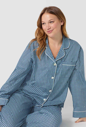A lady wearing plus size Sebastian Long Sleeve Classic Woven Tana Lawn® Pj Set Made With Liberty Fabrics closer look