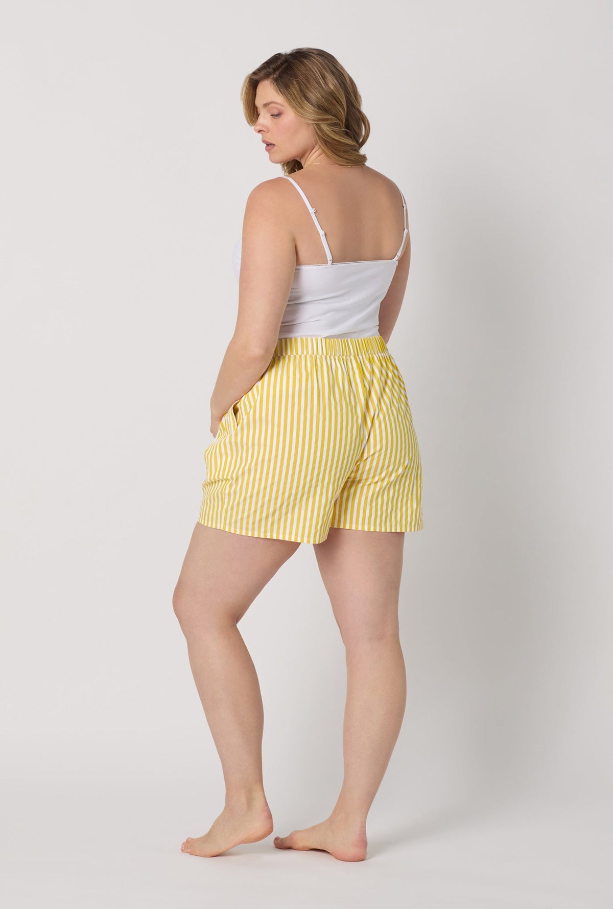 A lady wearing plus size Yellow Cotton Sateen Boxer Short back view
