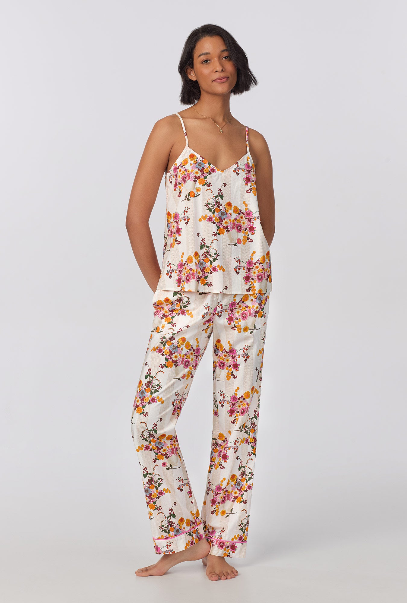 A lady wearing  Sleeveless Cami Tank Woven Cotton Poplin Long PJ Set with Chalet Floral print