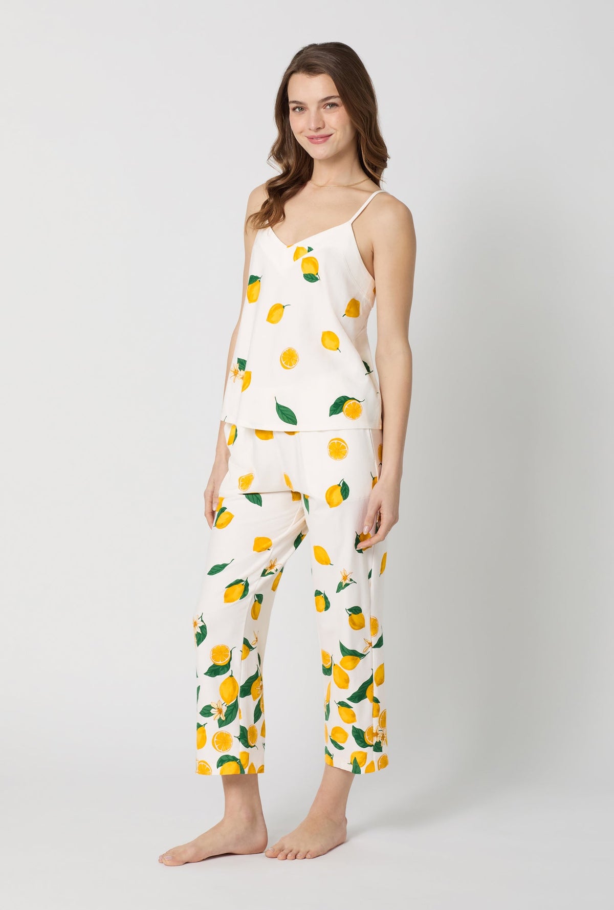 A lady wearing White and  Yellow Cami Stretch Jersey Cropped Pj Set side view