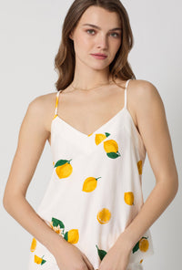 A lady wearing White and  Yellow Cami Stretch Jersey Cropped Pj Set closer look