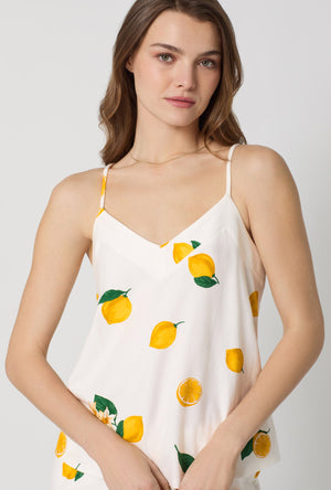 A lady wearing White and  Yellow Cami Stretch Jersey Cropped Pj Set closer look