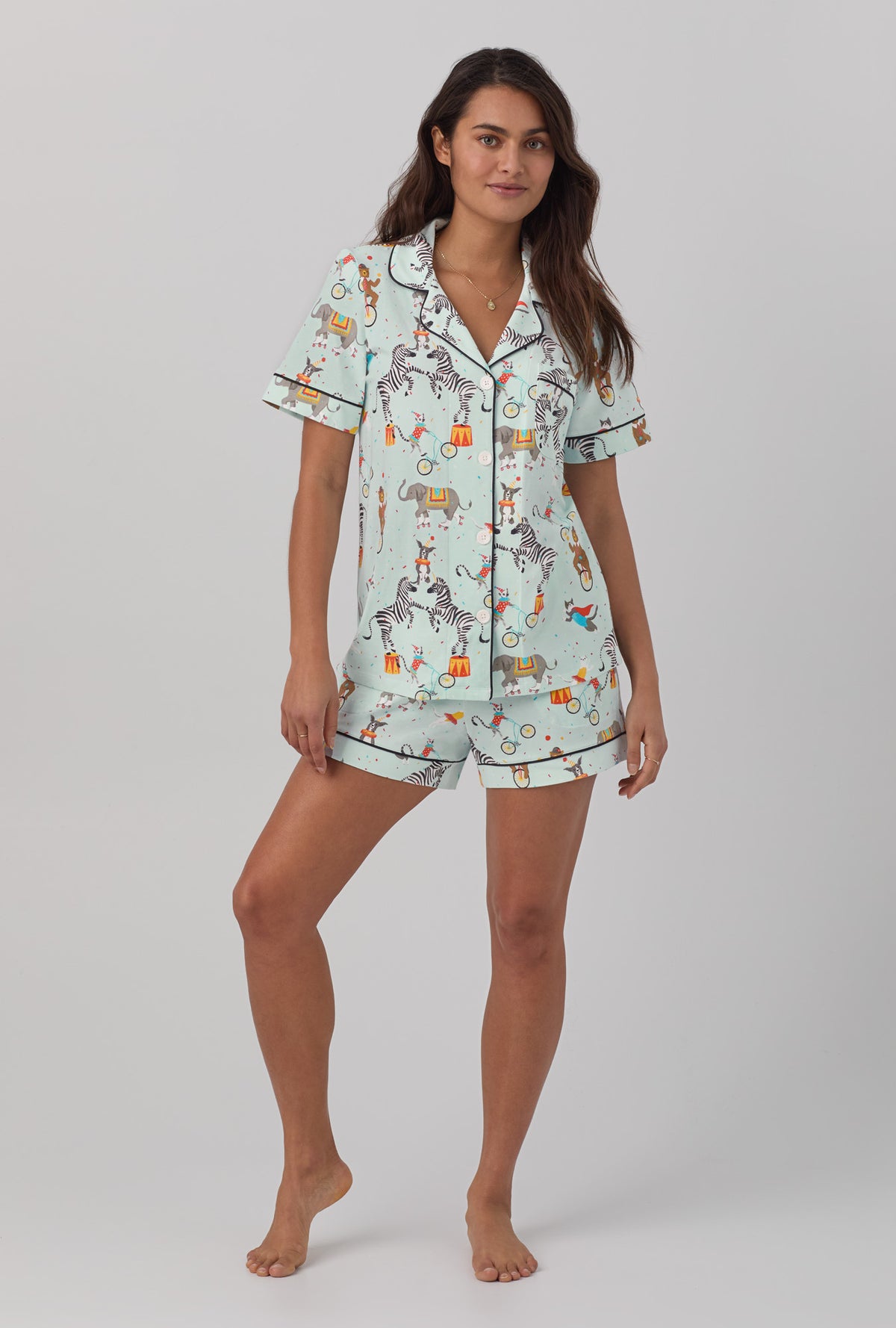 A lady wearing Short Sleeve Classic Shorty Stretch Jersey PJ Set with circus ring print