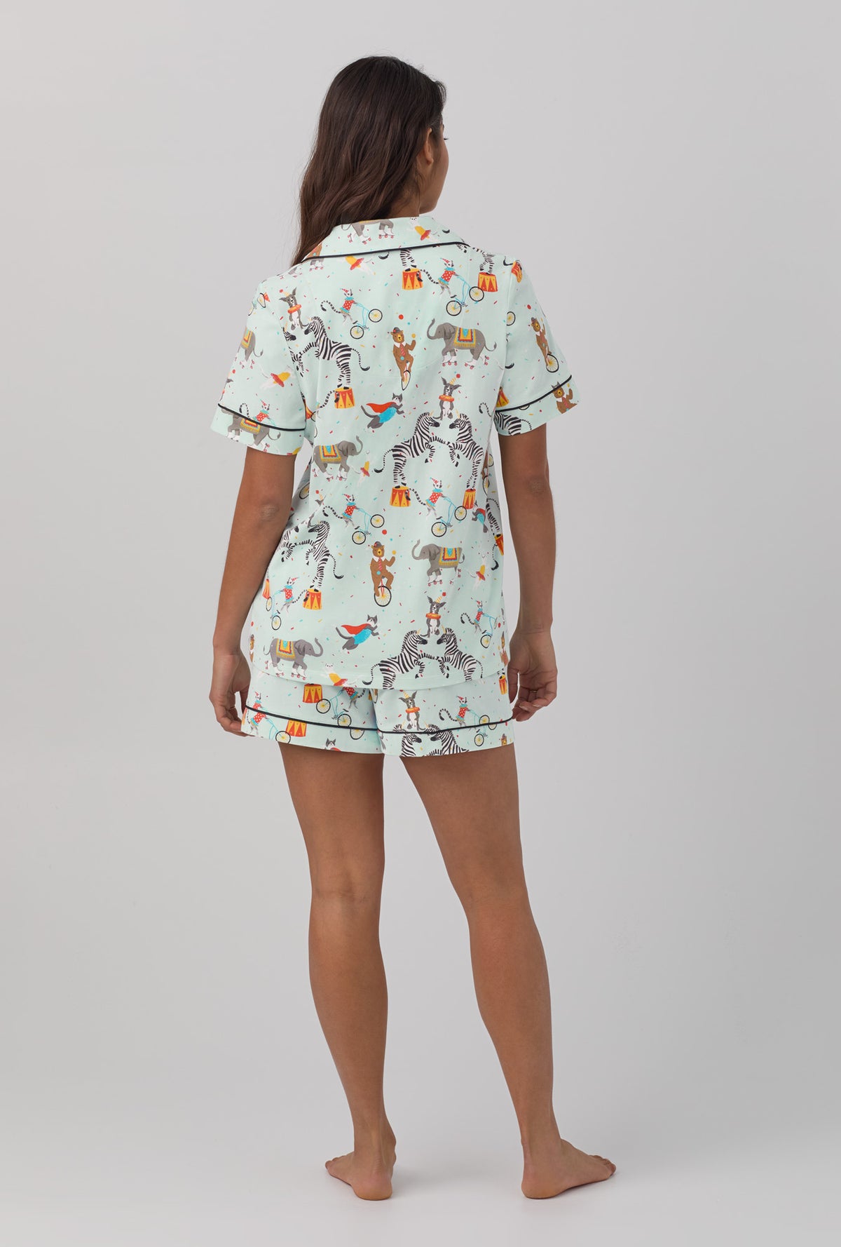 A lady wearing Short Sleeve Classic Shorty Stretch Jersey PJ Set with circus ring print