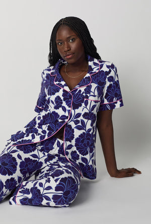 A closeup of A lady wearing Blue and  White Short Sleeve Classic Stretch Jersey Cropped Pj Set