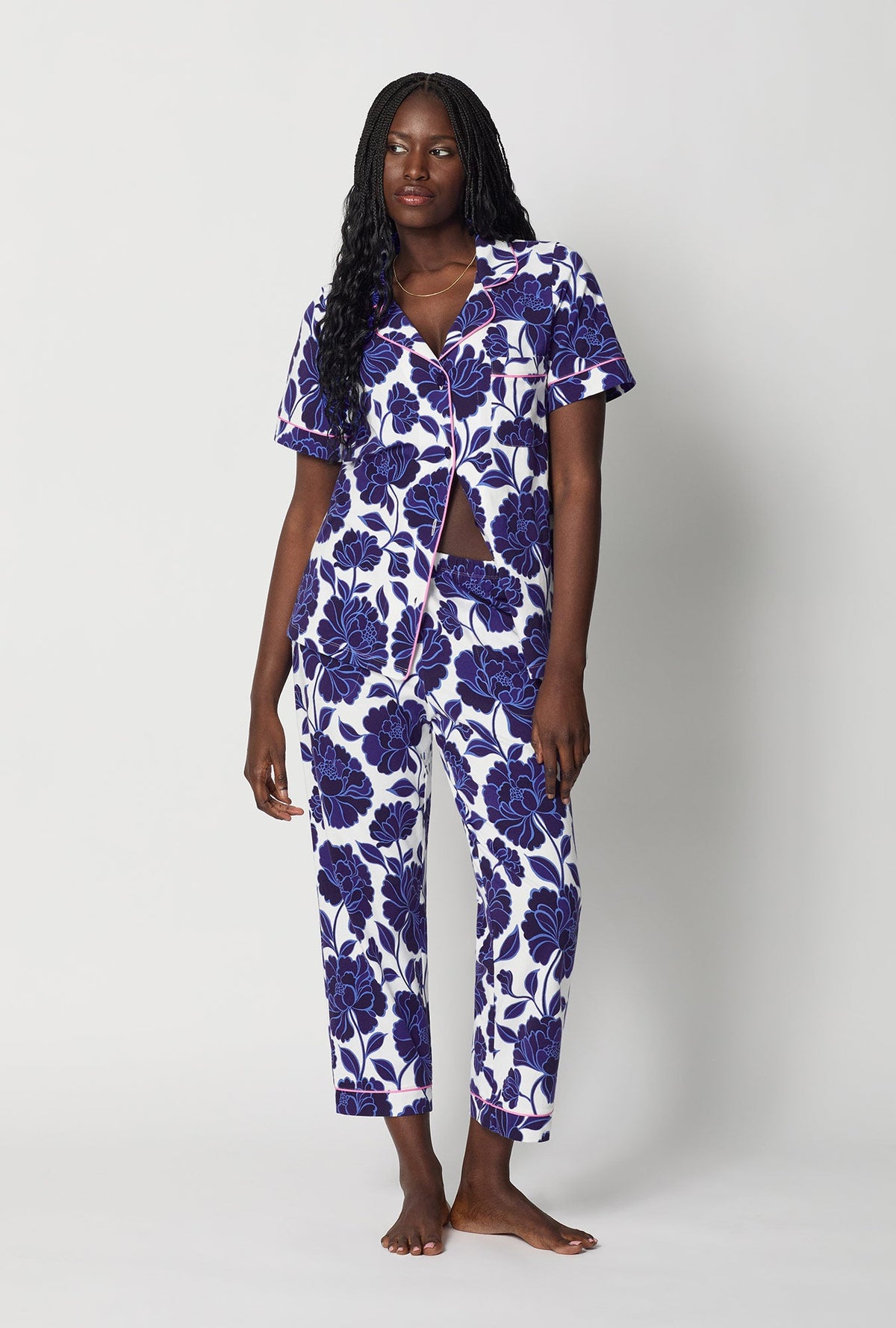 A lady wearing Blue and  White Short Sleeve Classic Stretch Jersey Cropped Pj Set front view