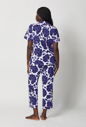 A lady wearing Blue and  White Short Sleeve Classic Stretch Jersey Cropped Pj Set back view