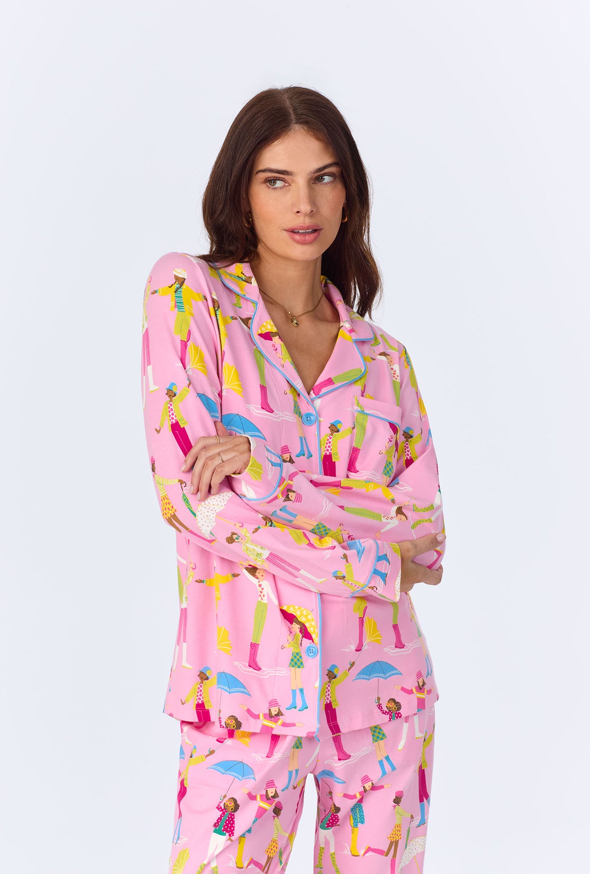 A lady wearing Spring Showers Long Sleeve Classic Stretch Jersey PJ set