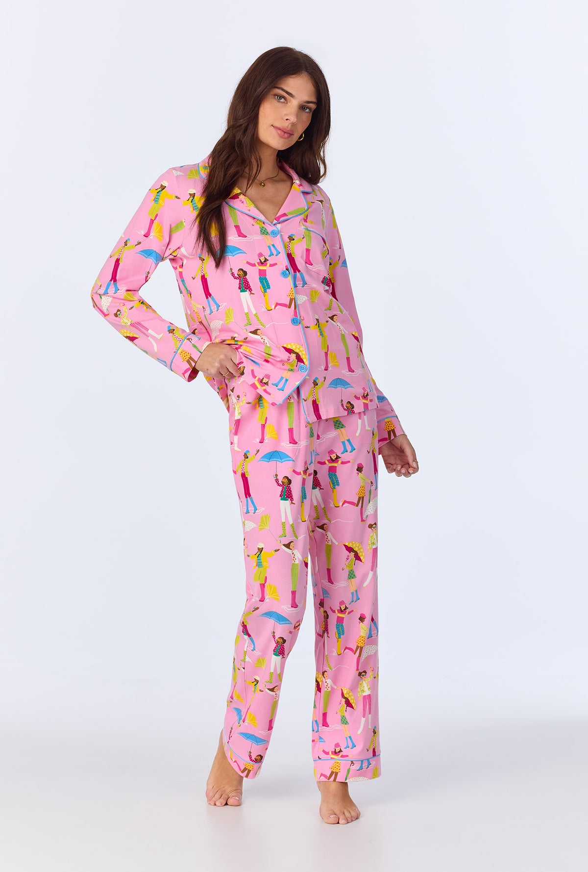 A lady wearing Spring Showers Long Sleeve Classic Stretch Jersey PJ set