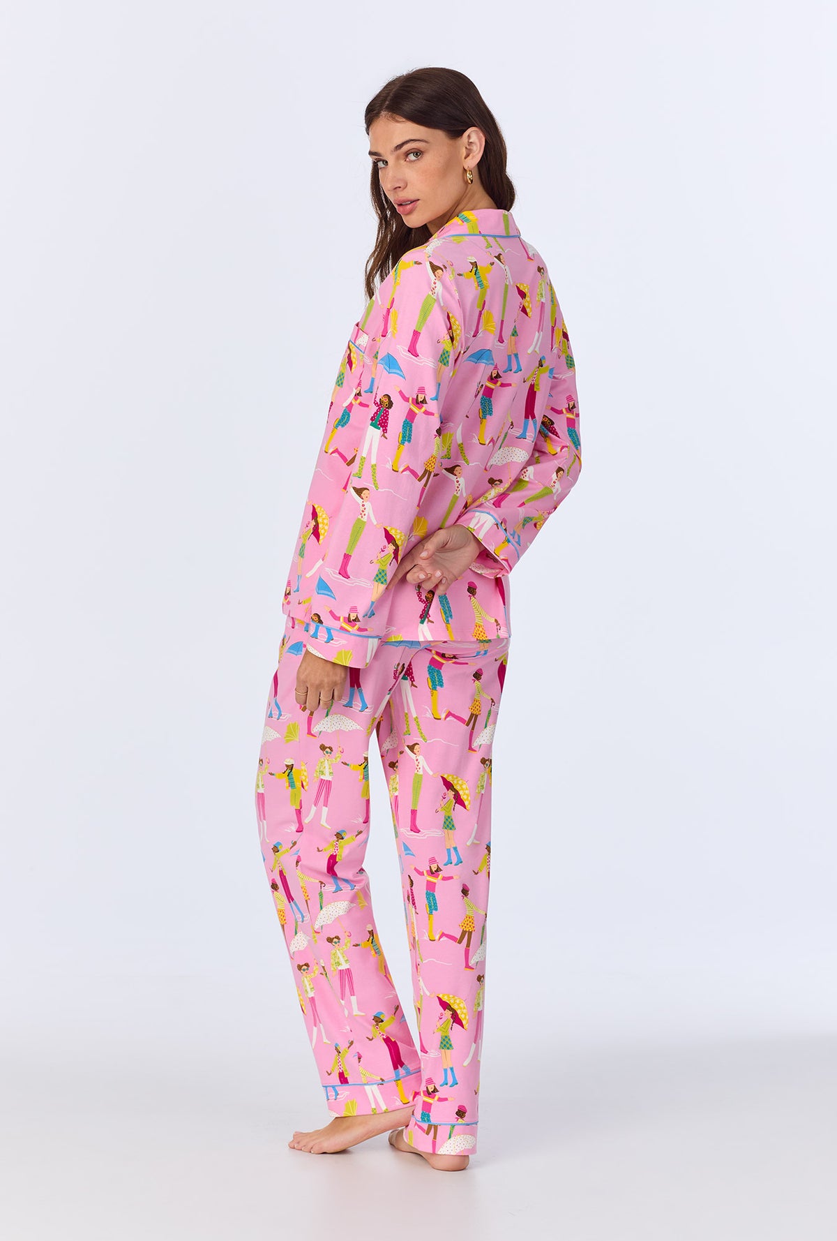 A lady wearing Spring Showers Long Sleeve Classic Stretch Jersey PJ set